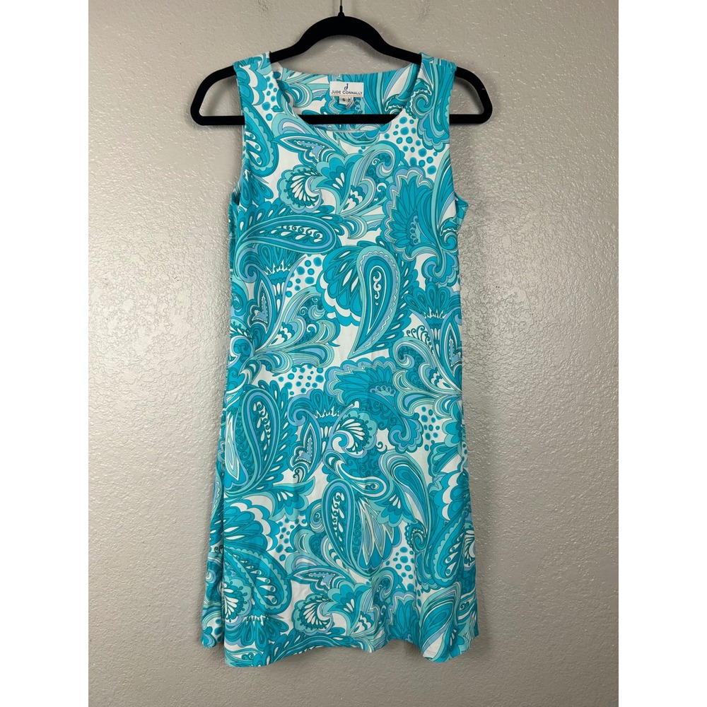 Jude Connally Blue Paisley Sleeveless Shift Dress Stretch Vacation Resort Small